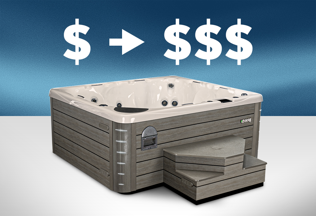 a beachcomber hybrid4 hot tub with dollar signs above it