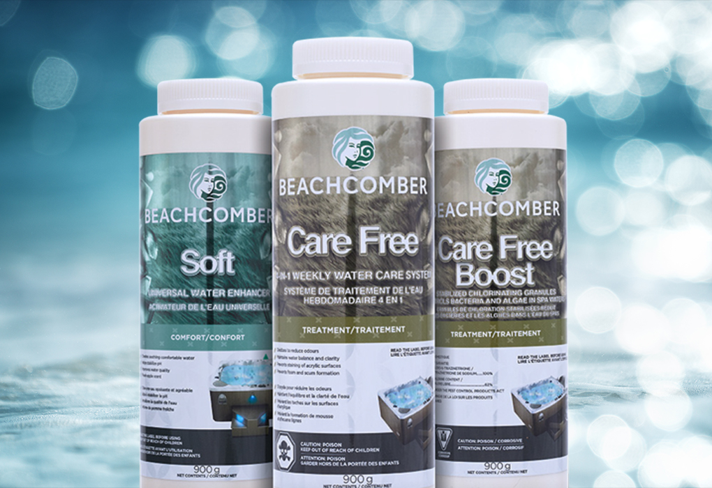 beachcomber care free pack with care free, soft, and care free boost bottles surrounded by water