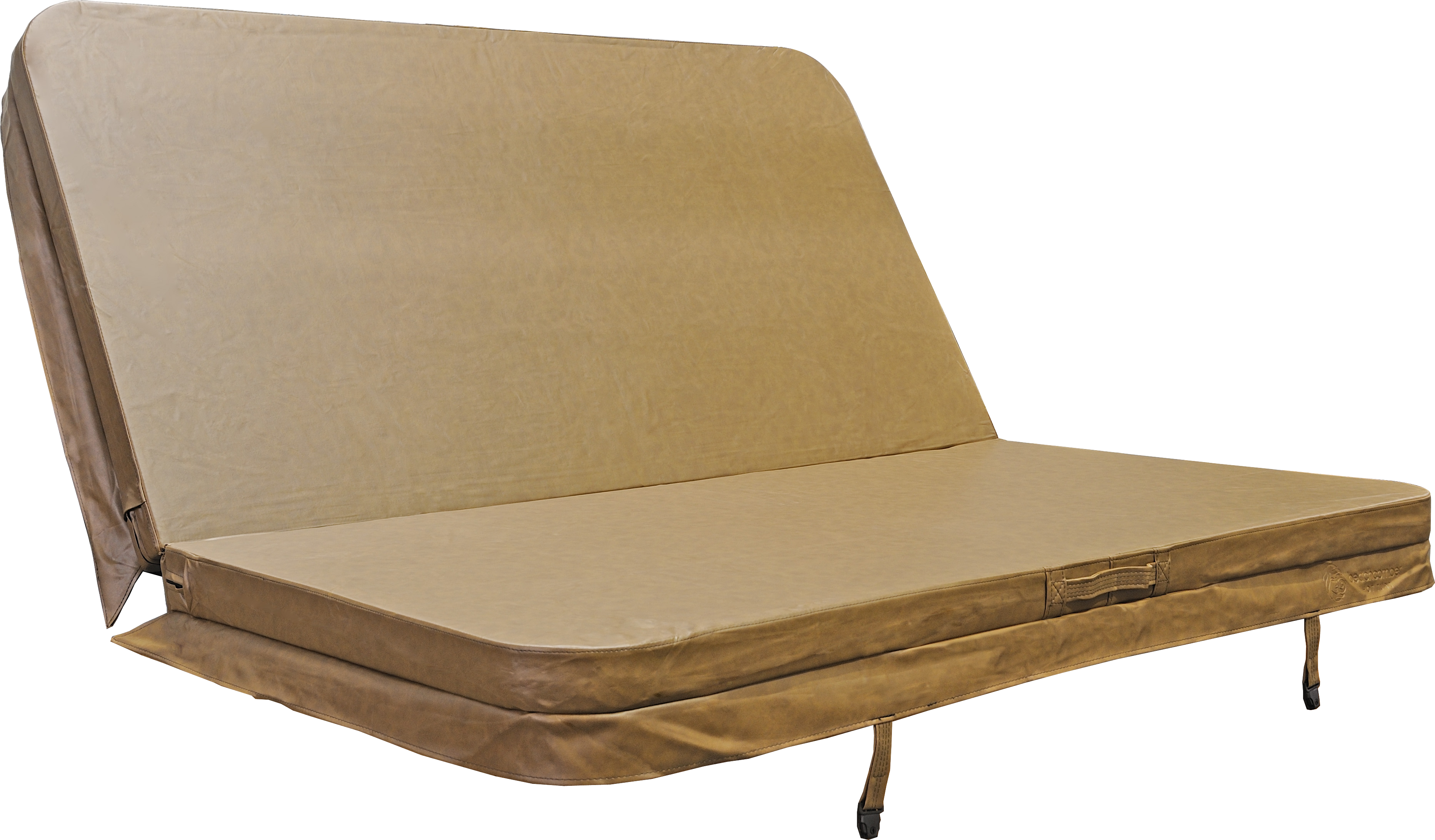 tan hot tub cover, beachcomber heatshield, slightly raised as if lifted